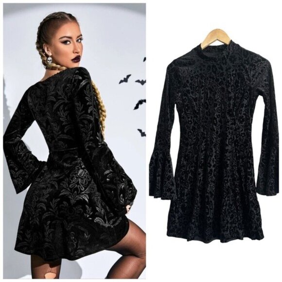 Lily Rose Black Velvet burnout Dress - Bell Sleeves, Whimsigoth Romantic Sz XS - Picture 1 of 10